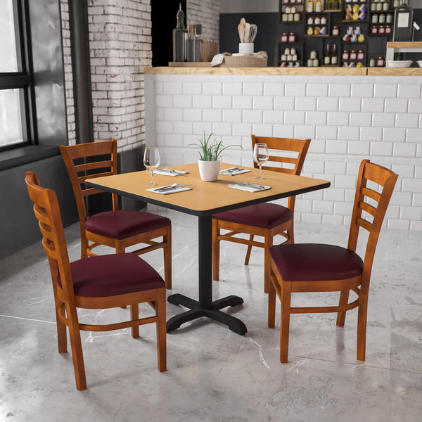 Burgundy Vinyl Seat/Cherry Wood Frame |#| Ladder Back Cherry Wood Restaurant Chair - Burgundy Vinyl Seat