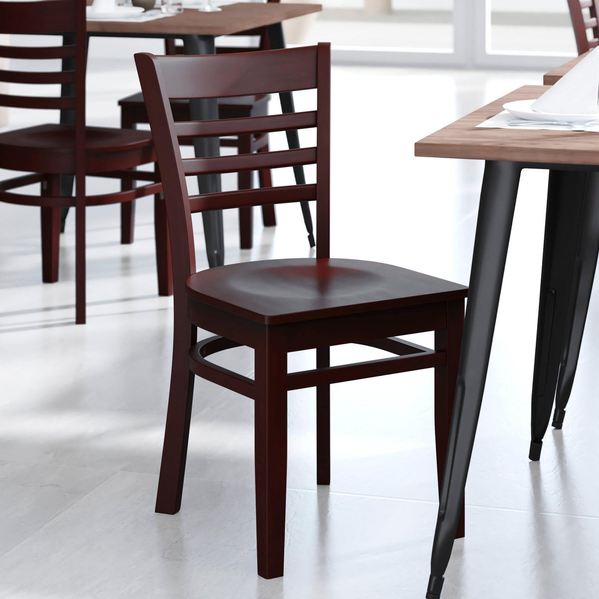 Mahogany Wood Seat/Mahogany Wood Frame |#| Ladder Back Mahogany Wood Restaurant Chair