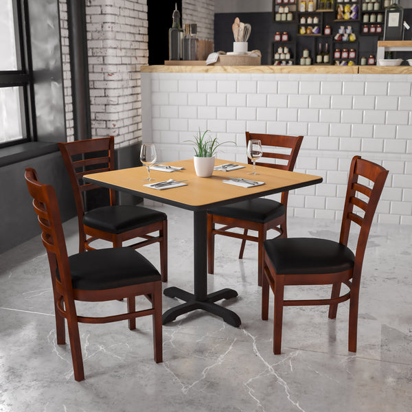 Black Vinyl Seat/Mahogany Wood Frame |#| Ladder Back Mahogany Wood Restaurant Chair - Black Vinyl Seat