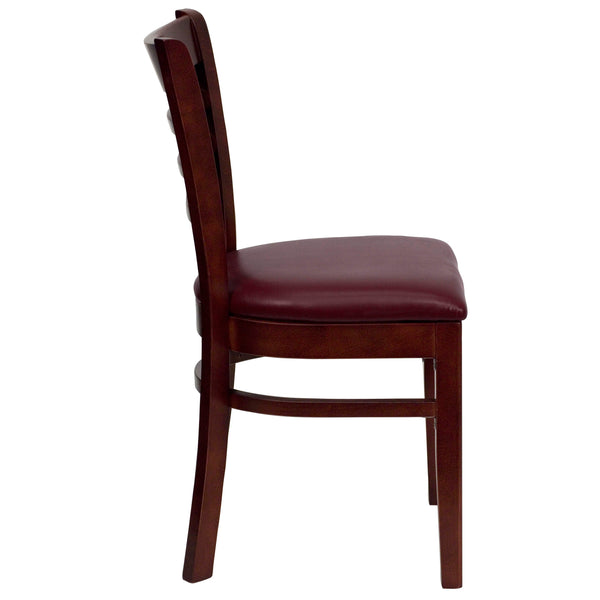 Burgundy Vinyl Seat/Mahogany Wood Frame |#| Ladder Back Mahogany Wood Restaurant Chair - Burgundy Vinyl Seat