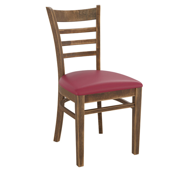 Burgundy Vinyl Seat/Antique Copper Wood Frame |#| Ladder Back Antique Copper Wood Restaurant Chair - Burgundy Vinyl Seat