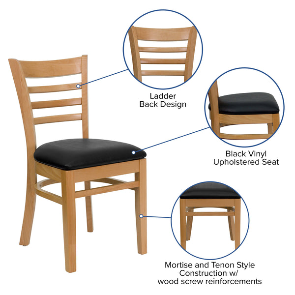 Black Vinyl Seat/Natural Wood Frame |#| Ladder Back Natural Wood Restaurant Chair - Black Vinyl Seat