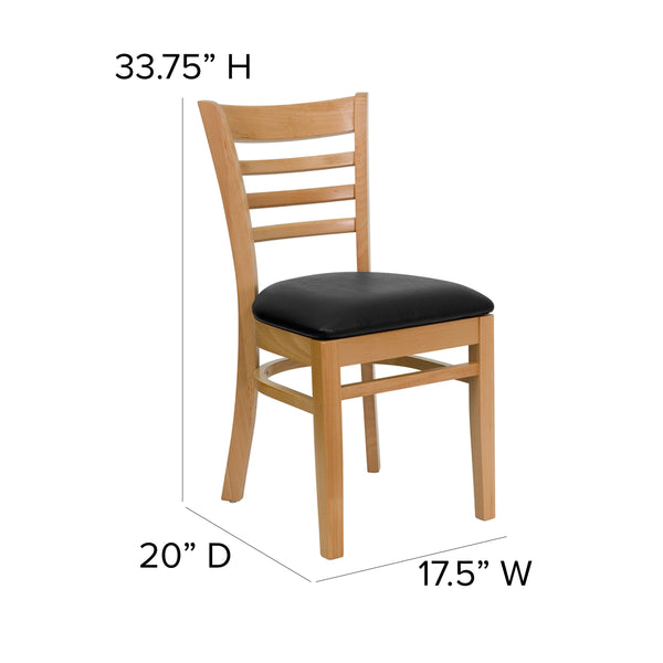 Black Vinyl Seat/Natural Wood Frame |#| Ladder Back Natural Wood Restaurant Chair - Black Vinyl Seat