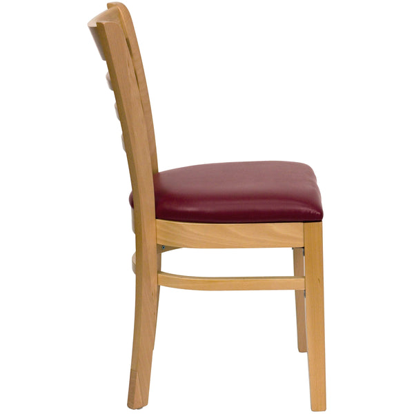 Burgundy Vinyl Seat/Natural Wood Frame |#| Ladder Back Natural Wood Restaurant Chair - Burgundy Vinyl Seat