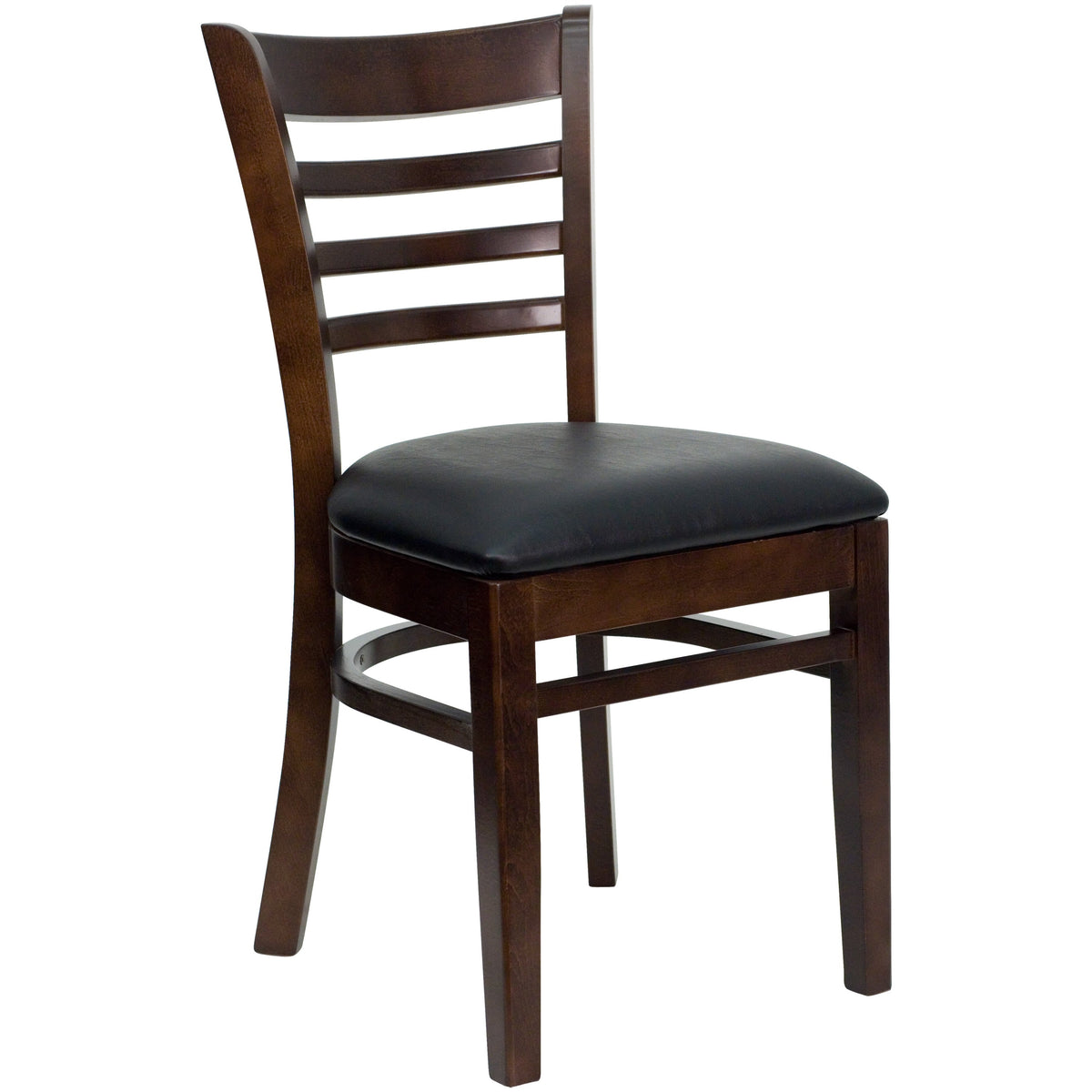 Black Vinyl Seat/Walnut Wood Frame |#| Ladder Back Walnut Wood Restaurant Chair - Black Vinyl Seat