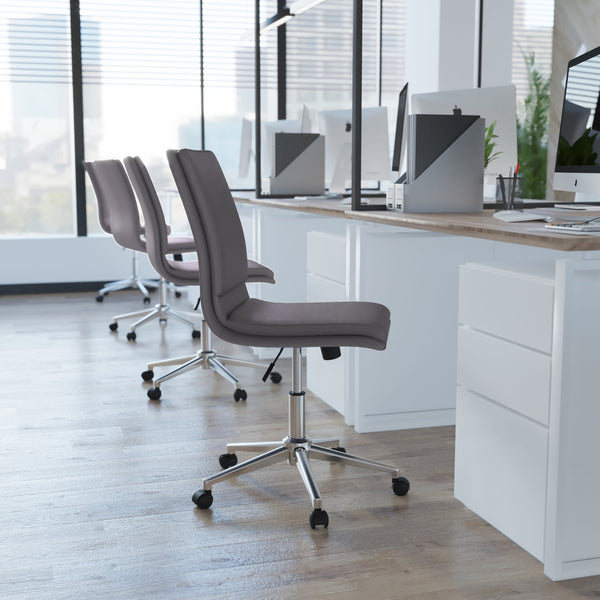 Gray |#| Mid-Back Armless Office Task Chair with Chrome 5-Star Base in Gray LeatherSoft