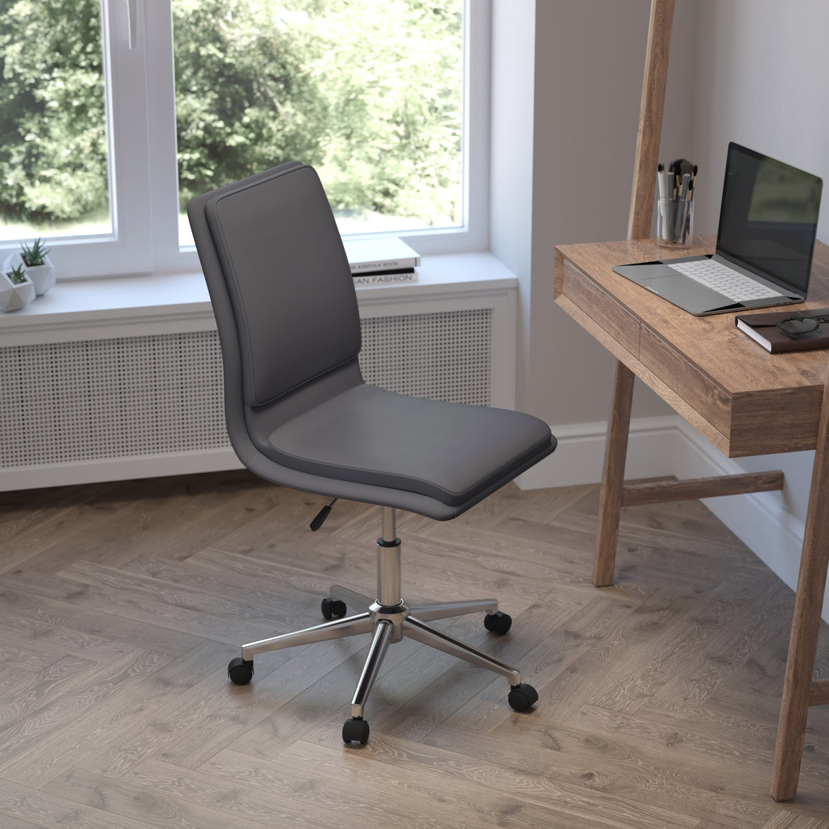 Gray |#| Mid-Back Armless Office Task Chair with Chrome 5-Star Base in Gray LeatherSoft