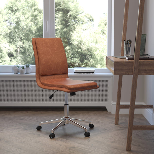 Brown |#| Mid-Back Armless Office Task Chair with Chrome 5-Star Base in Cognac LeatherSoft