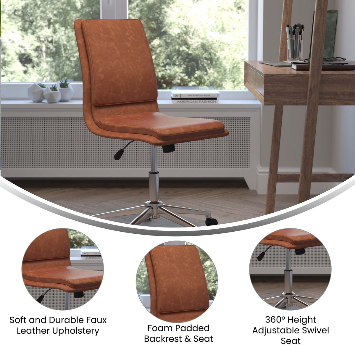 Brown |#| Mid-Back Armless Office Task Chair with Chrome 5-Star Base in Cognac LeatherSoft