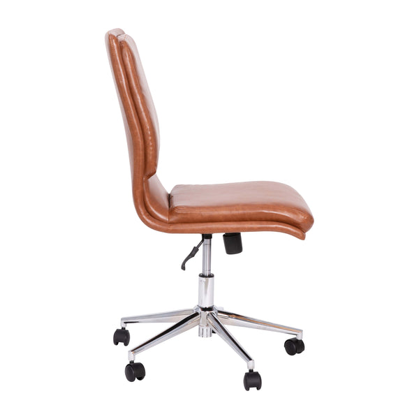 Brown |#| Mid-Back Armless Office Task Chair with Chrome 5-Star Base in Cognac LeatherSoft