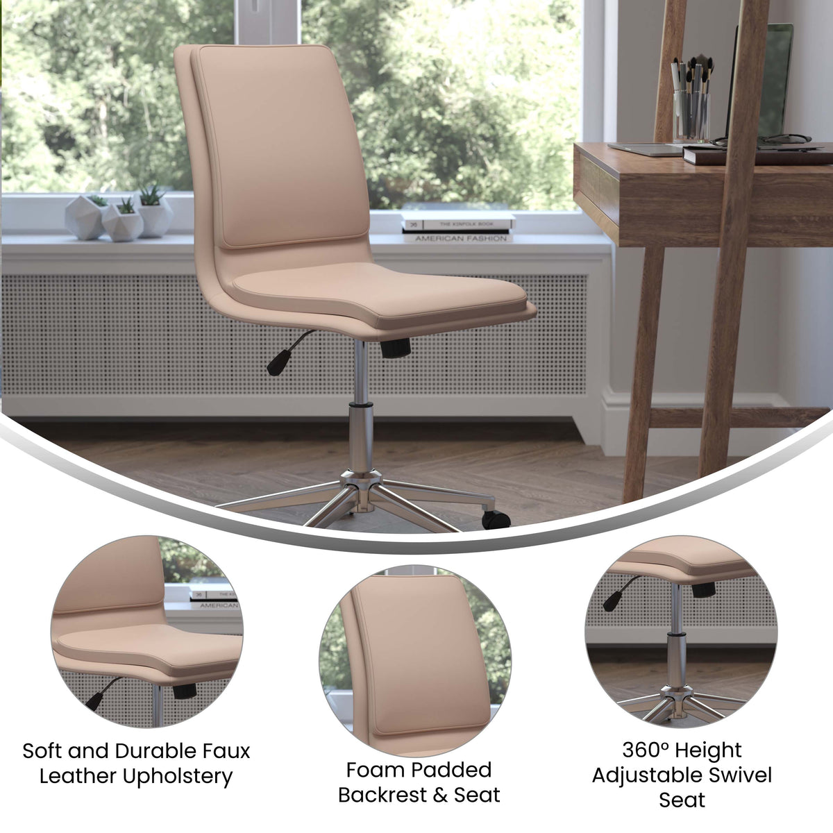 Taupe |#| Mid-Back Armless Office Task Chair with Chrome 5-Star Base in Taupe LeatherSoft