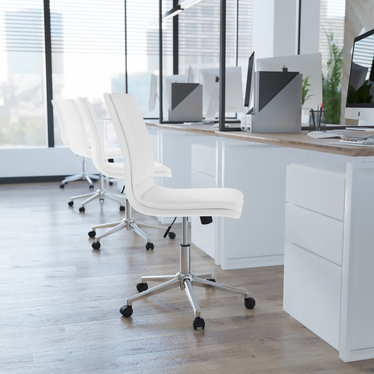 White |#| Mid-Back Armless Office Task Chair with Chrome 5-Star Base in White LeatherSoft