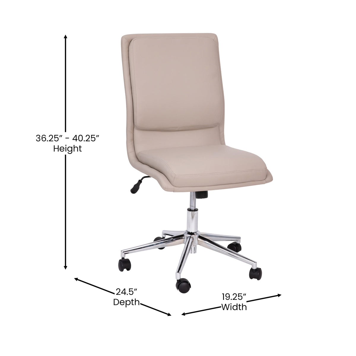 Taupe |#| Mid-Back Armless Office Task Chair with Chrome 5-Star Base in Taupe LeatherSoft