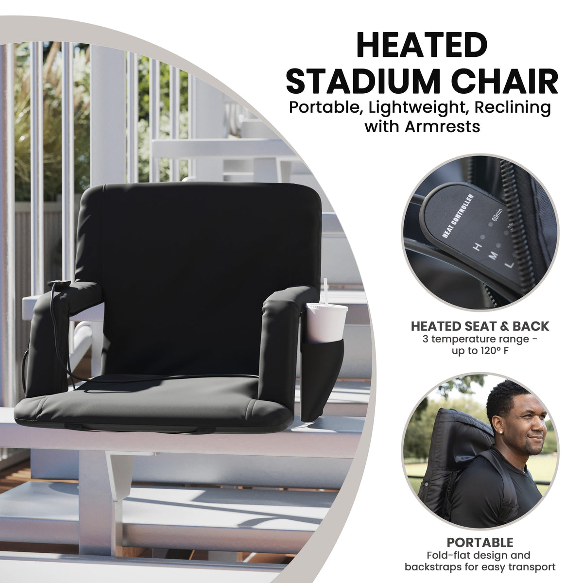 Black |#| Foldable Reclining Stadium Chair with Backpack Straps-Heated Back and Seat-Black