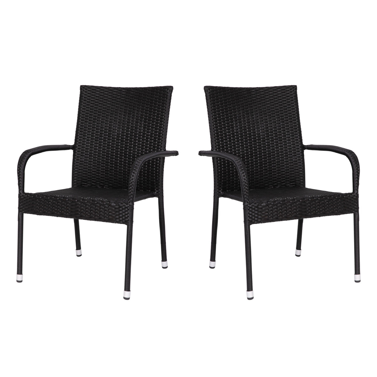 Black |#| Indoor/Outdoor Stacking Steel Framed Black Wicker Dining Armchairs - 2 Pack