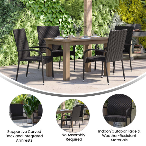 Black |#| Indoor/Outdoor Stacking Steel Framed Black Wicker Dining Armchairs - 2 Pack