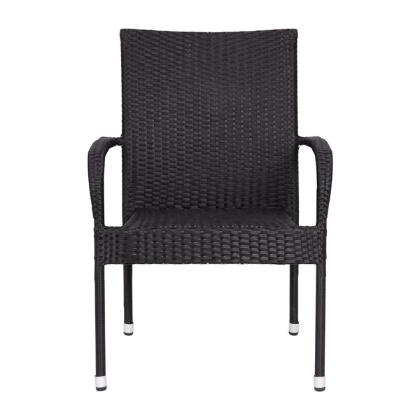 Black |#| Indoor/Outdoor Stacking Steel Framed Black Wicker Dining Armchairs - 2 Pack