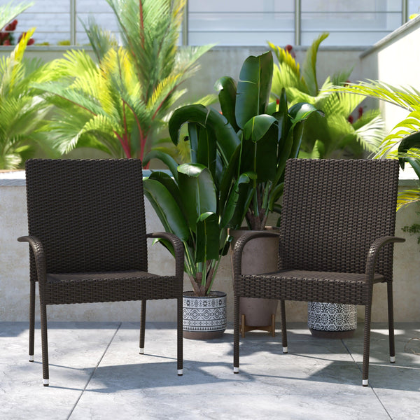 Espresso |#| Indoor/Outdoor Stacking Steel Framed Espresso Wicker Dining Armchairs - 2 Pack