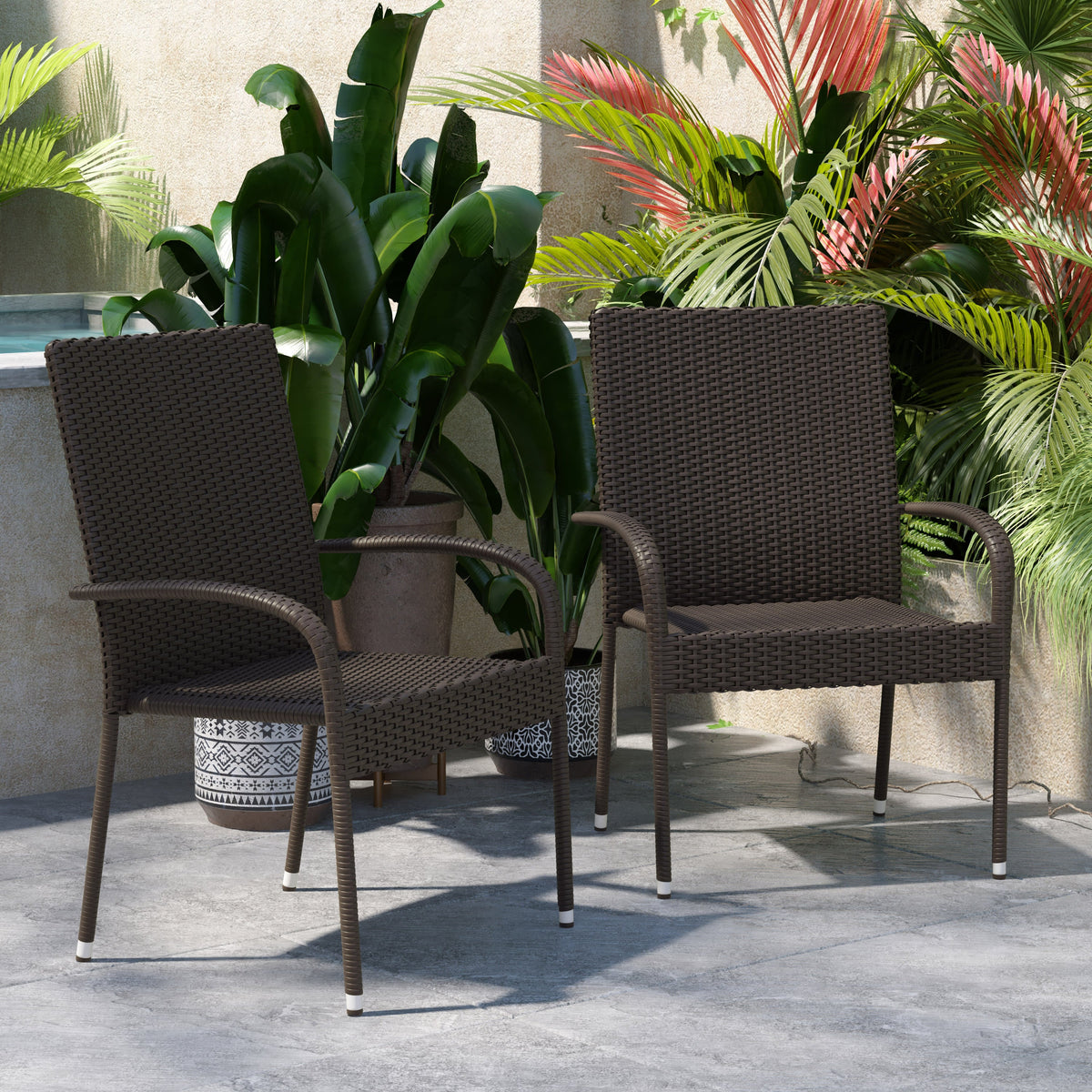 Espresso |#| Indoor/Outdoor Stacking Steel Framed Espresso Wicker Dining Armchairs - 2 Pack