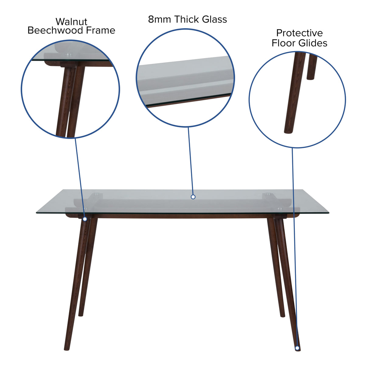 Clear Top/Walnut Frame |#| 31.5inch x 55inch Rectangular Solid Walnut Wood Table with Clear Glass Top