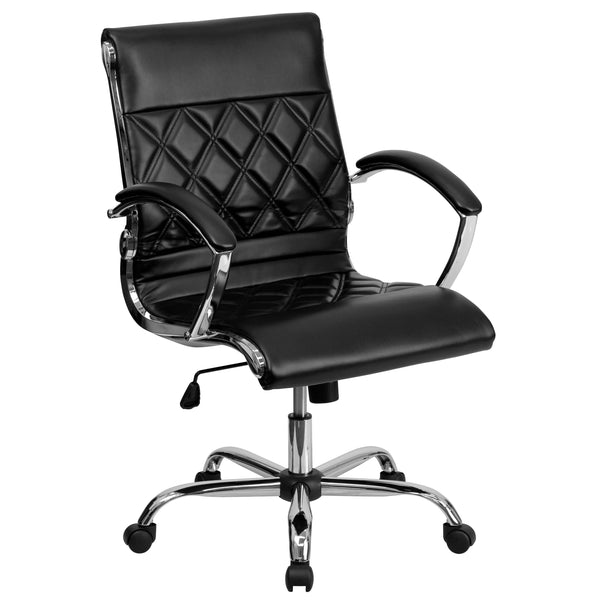 Black |#| Mid-Back Designer Black LeatherSoft Executive Swivel Office Chair w/Chrome Base