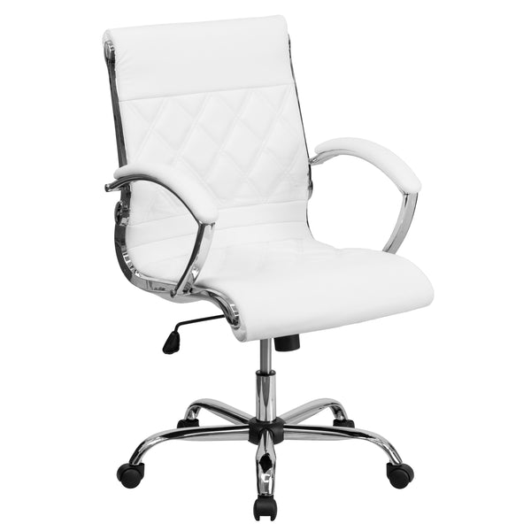 White |#| Mid-Back Designer White LeatherSoft Executive Swivel Office Chair w/Chrome Base