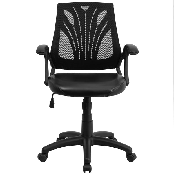 Black Mesh & LeatherSoft |#| Mid-Back Designer Black Mesh Swivel Task Office Chair with LeatherSoft Seat