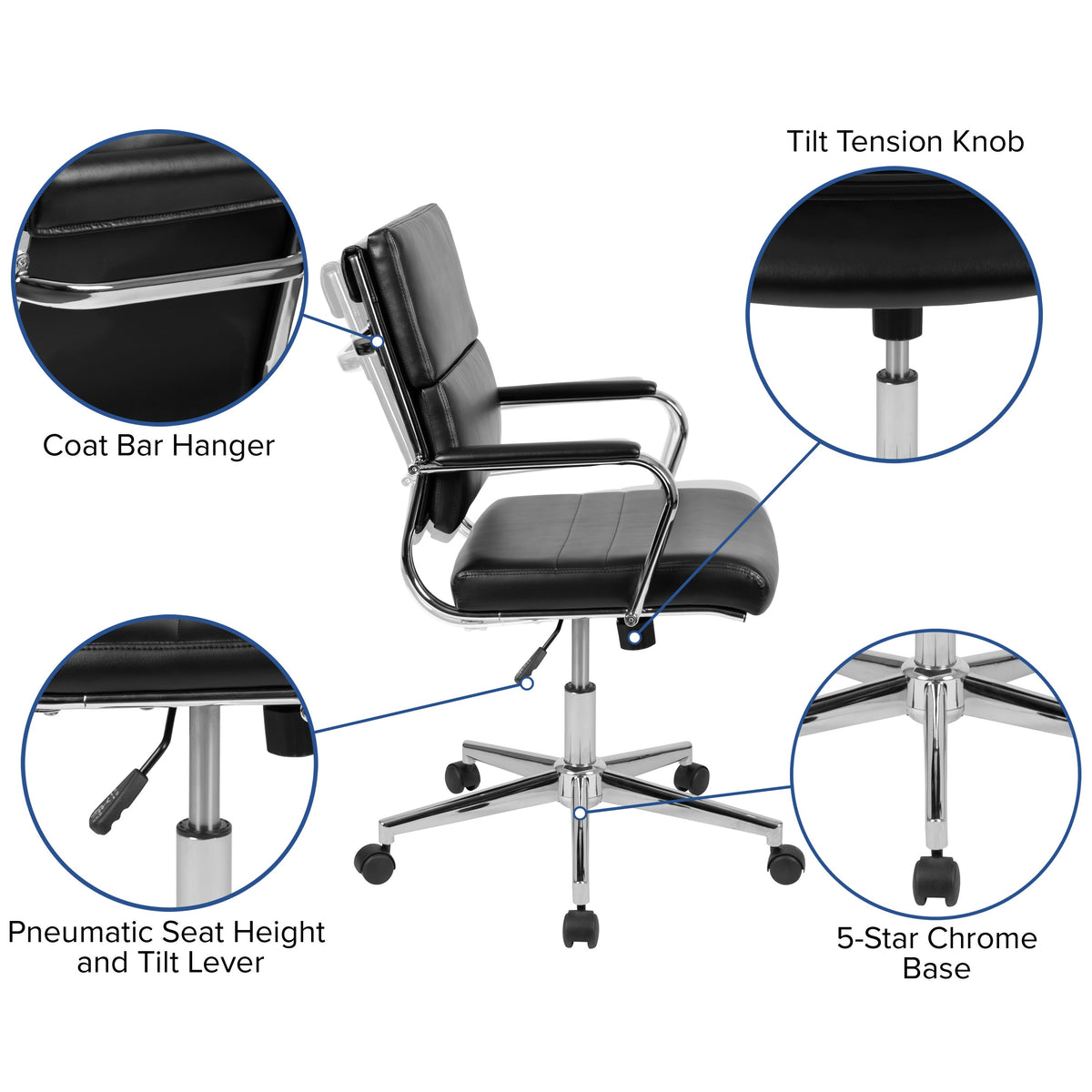 Black |#| Mid-Back Black LeatherSoft Contemporary Panel Executive Swivel Office Chair