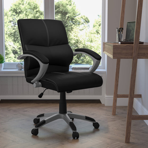 Mid-Back Black LeatherSoft Contemporary Swivel Manager's Office Chair with Arms