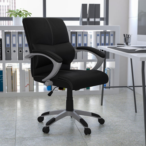 Mid-Back Black LeatherSoft Contemporary Swivel Manager's Office Chair with Arms