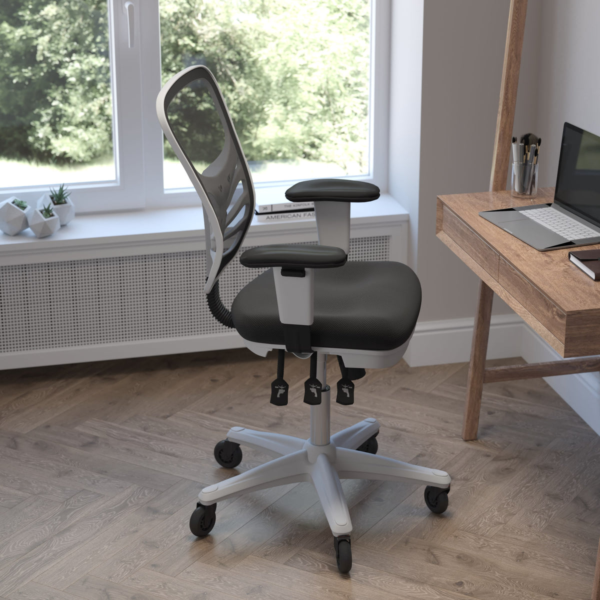 Black Mesh/White Frame |#| Mid-Back Ergonomic Multifunction Mesh Chair with Polyurethane Wheels-Black