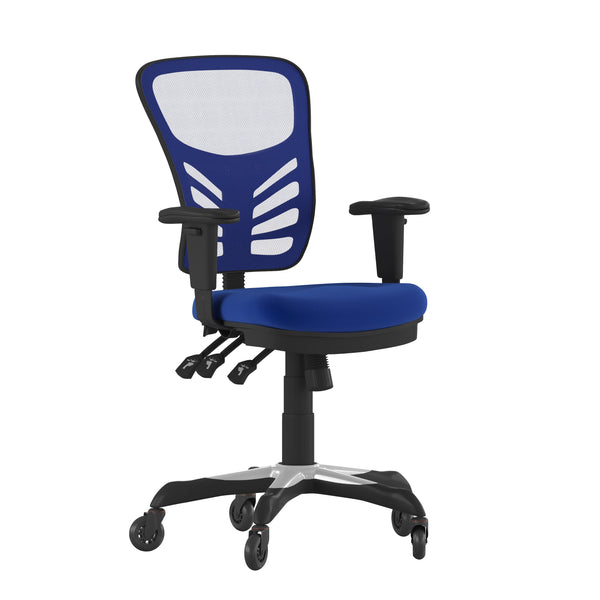 Blue/Black Frame |#| Mid-Back Ergonomic Multifunction Mesh Chair with Polyurethane Wheels-Blue