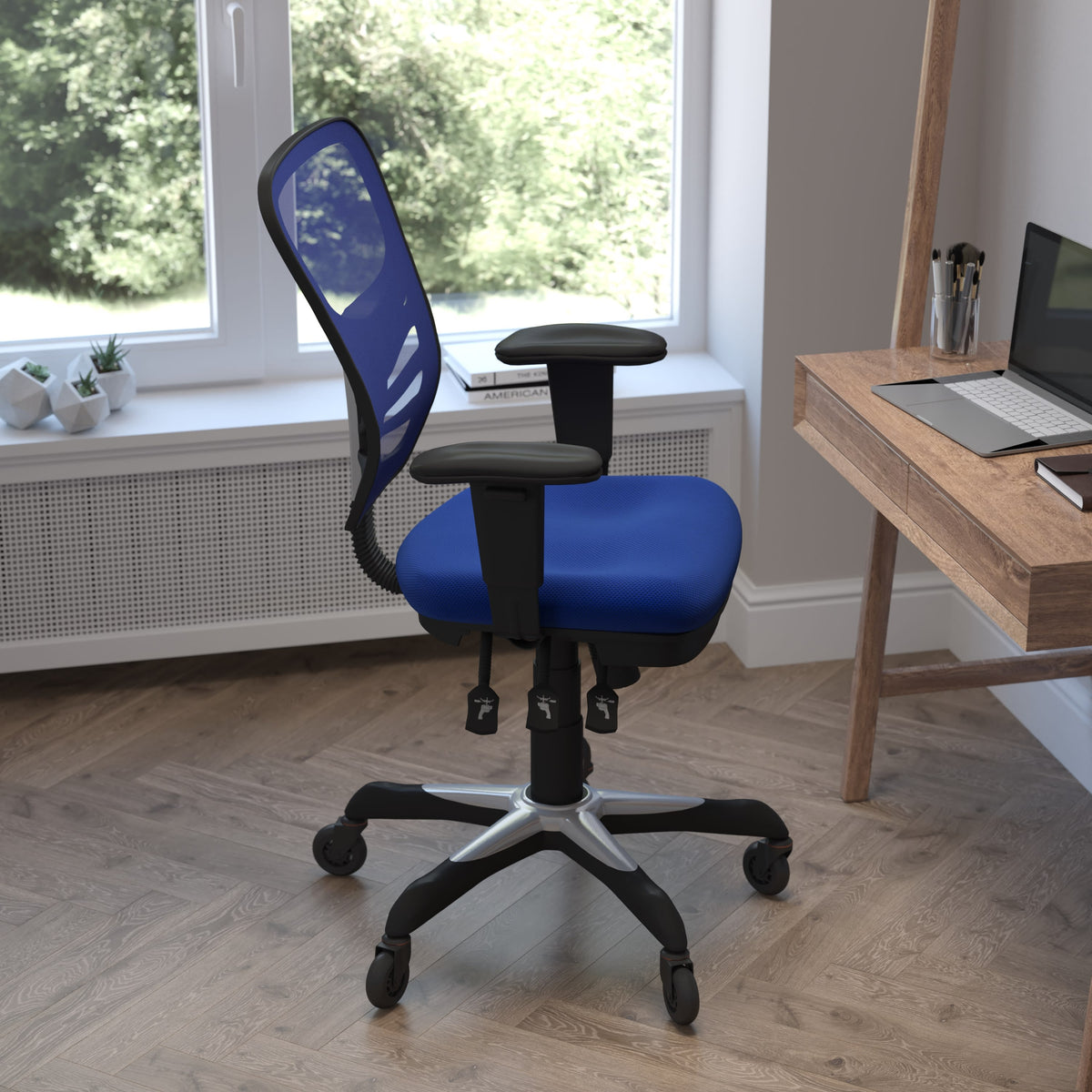 Blue/Black Frame |#| Mid-Back Ergonomic Multifunction Mesh Chair with Polyurethane Wheels-Blue