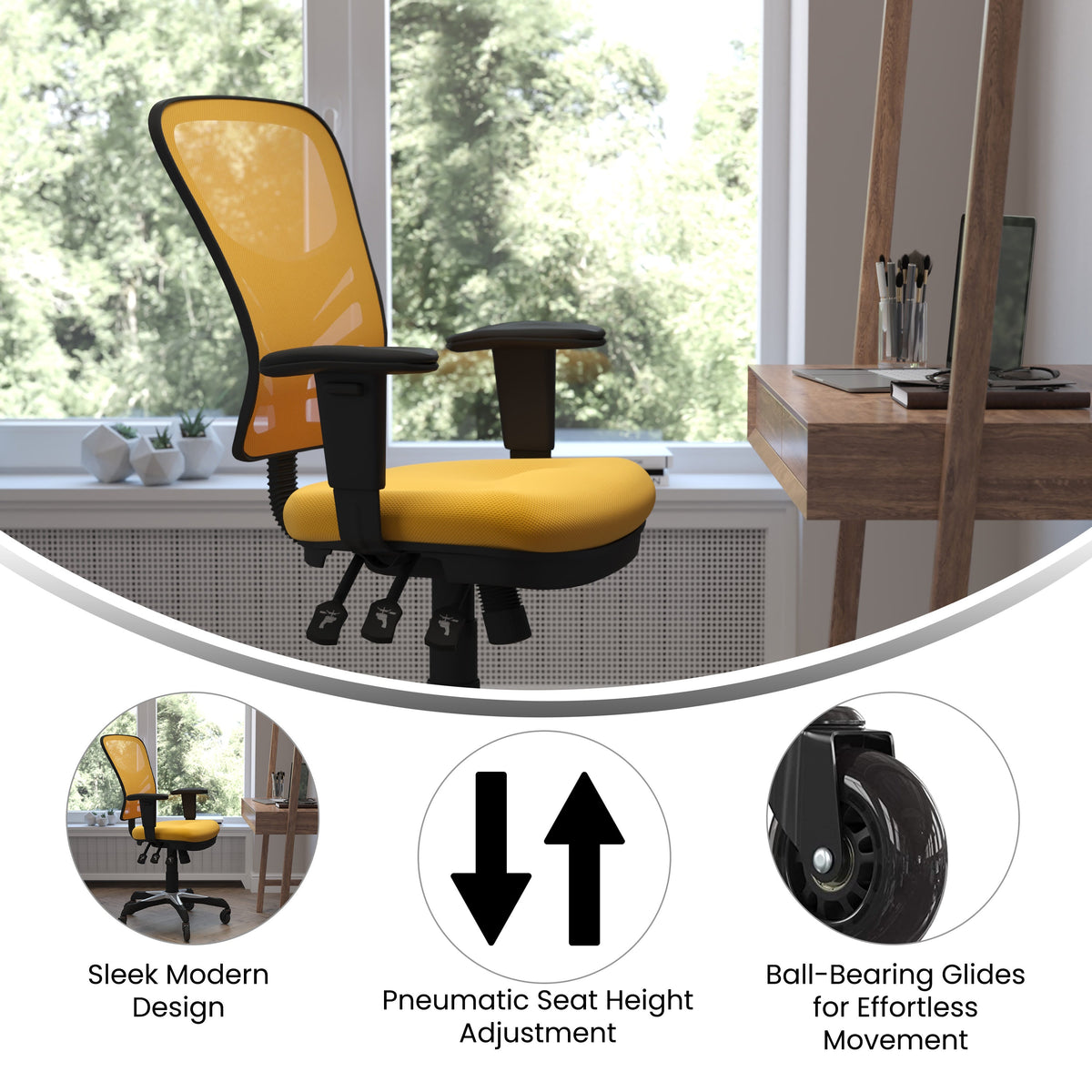 Yellow-Orange/Black Frame |#| Mid-Back Ergonomic Multifunction Mesh Chair with Polyurethane Wheels-Yellow