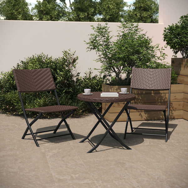Brown |#| 3PC Brown and Black Indoor/Outdoor PE Rattan Folding French Bistro Set