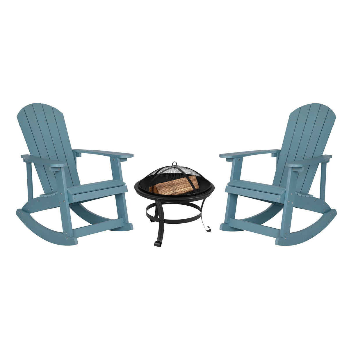 Sea Foam |#| Set of 2 Poly Resin Adirondack Rocking Chairs in Sea Foam & 22inch Round Fire Pit