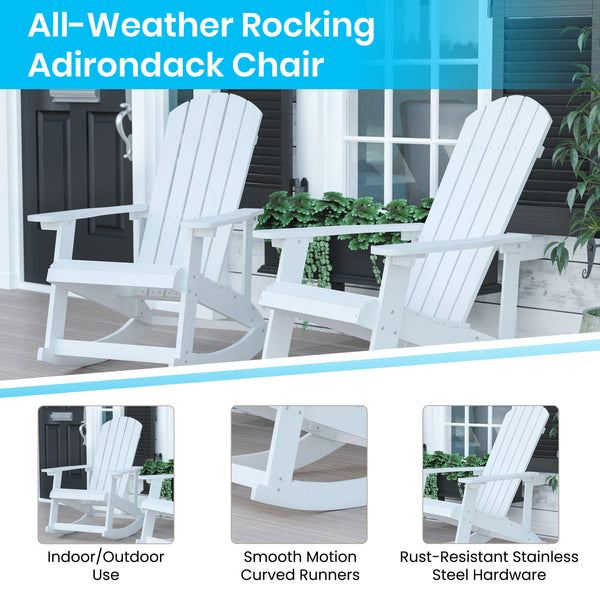 White |#| Set of 2 Poly Resin Adirondack Rocking Chairs in White & 22inch Round Fire Pit