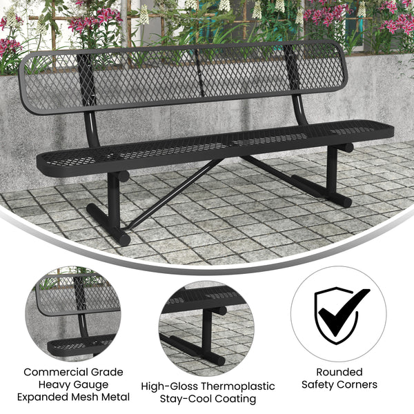 Black |#| Commercial Grade 6' Expanded Mesh Metal Outdoor Bench with Backrest in Black