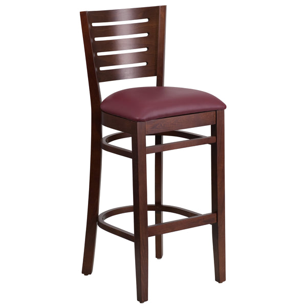 Burgundy Vinyl Seat/Walnut Wood Frame |#| Slat Back Walnut Wood Restaurant Barstool - Burgundy Vinyl Seat