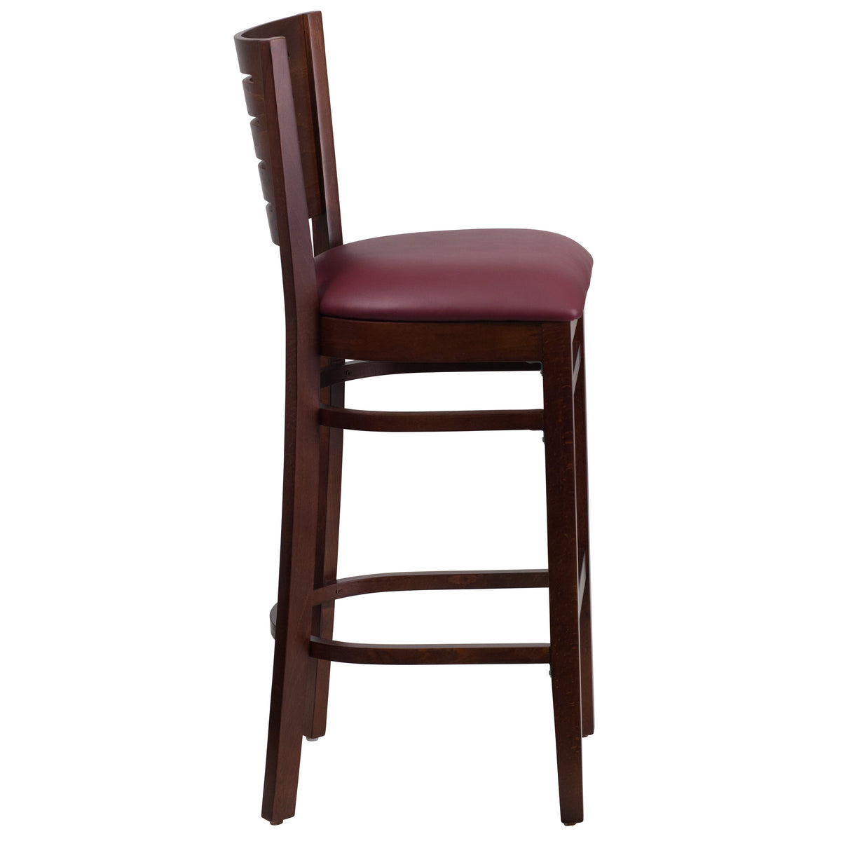 Burgundy Vinyl Seat/Walnut Wood Frame |#| Slat Back Walnut Wood Restaurant Barstool - Burgundy Vinyl Seat