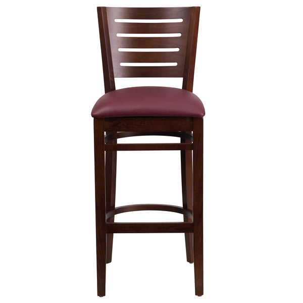 Burgundy Vinyl Seat/Walnut Wood Frame |#| Slat Back Walnut Wood Restaurant Barstool - Burgundy Vinyl Seat