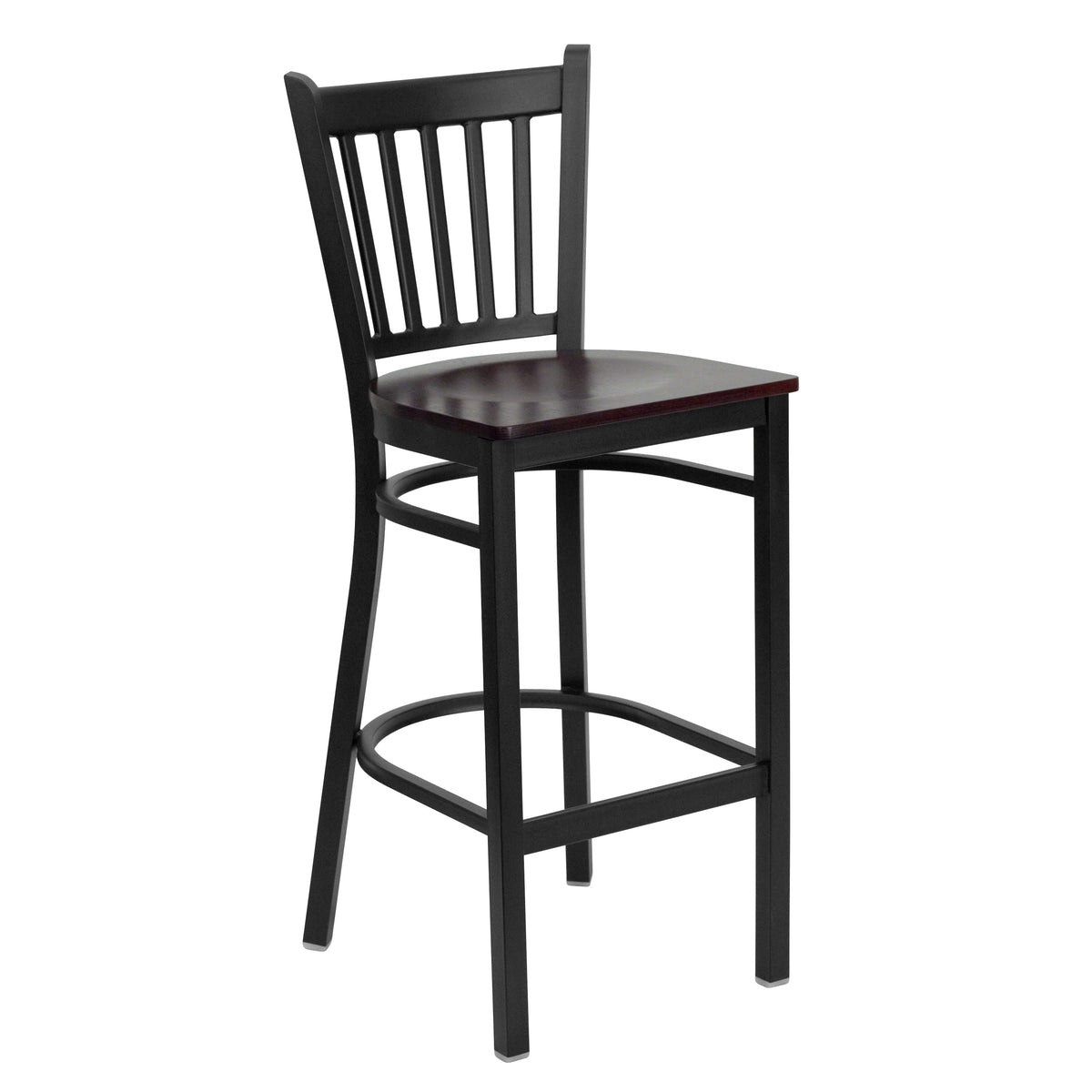 Mahogany Wood Seat/Black Metal Frame |#| Black Vertical Back Metal Restaurant Barstool - Mahogany Wood Seat