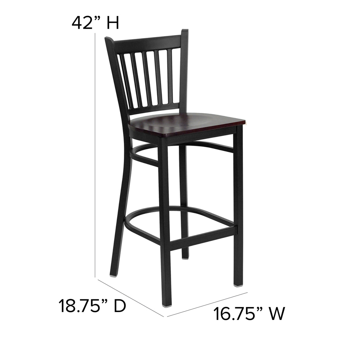 Mahogany Wood Seat/Black Metal Frame |#| Black Vertical Back Metal Restaurant Barstool - Mahogany Wood Seat