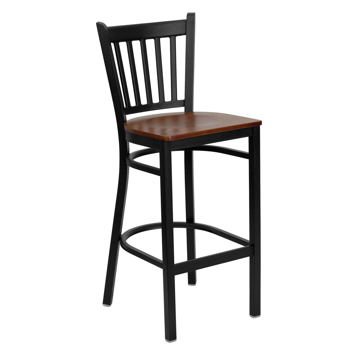 Cherry Wood Seat/Black Metal Frame |#| Black Vertical Back Metal Restaurant Barstool - Cherry Wood Seat