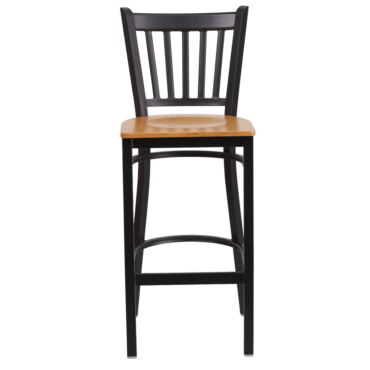 Natural Wood Seat/Black Metal Frame |#| Black Vertical Back Metal Restaurant Barstool - Natural Wood Seat