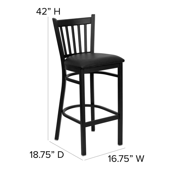 Black Vinyl Seat/Black Metal Frame |#| Black Vertical Back Metal Restaurant Barstool - Black Vinyl Seat