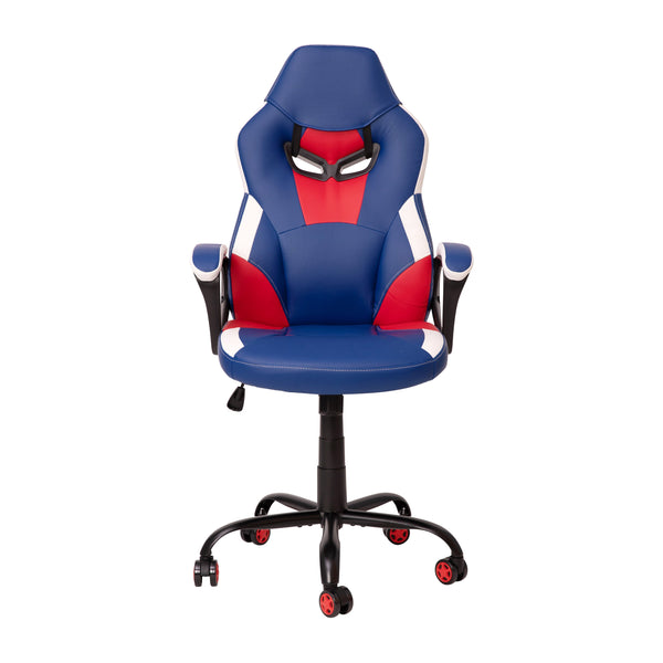 Faux Leather Upholstered Gaming Chair with Padded Flip-Up Arms in Red and Blue