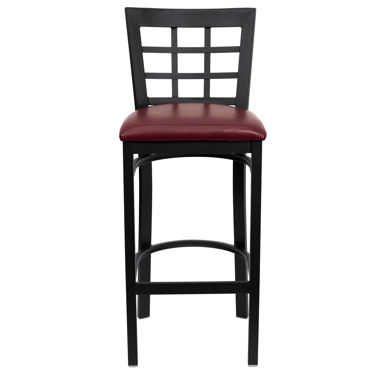 Burgundy Vinyl Seat/Black Metal Frame |#| Black Window Back Metal Restaurant Barstool - Burgundy Vinyl Seat